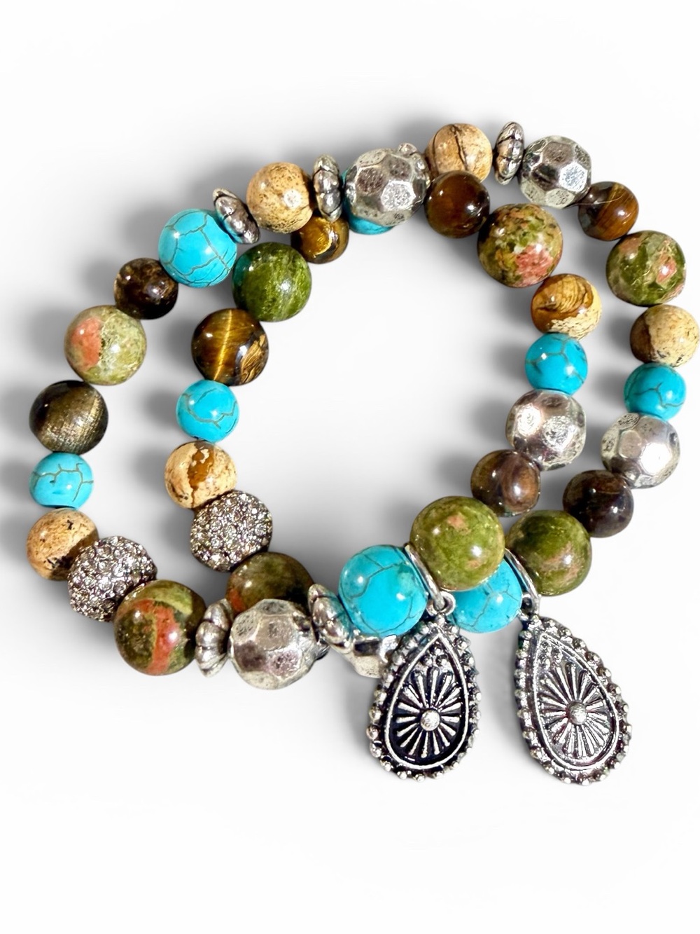 Handmade Natural Stone bracelets Healing & Anxiety Tigers Eye, Turquoise,Unakite